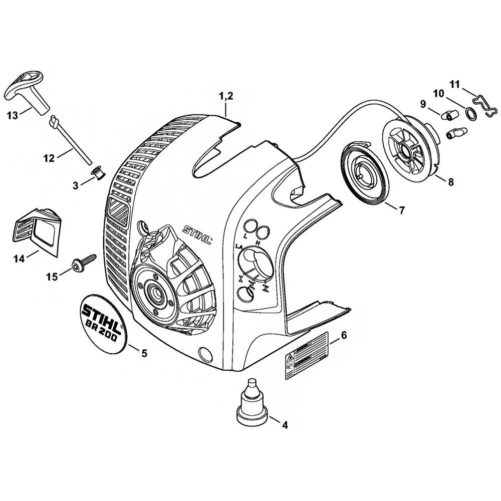 STIHL BR 200 Backpack Leaf Blower Spares detailed parts diagram with components and labels for maintenance.