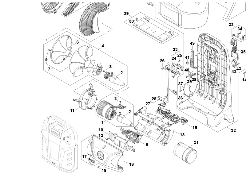 Diagram of STIHL BR 500 leaf blower spare parts, including engine components and accessories for tree surgeons.
