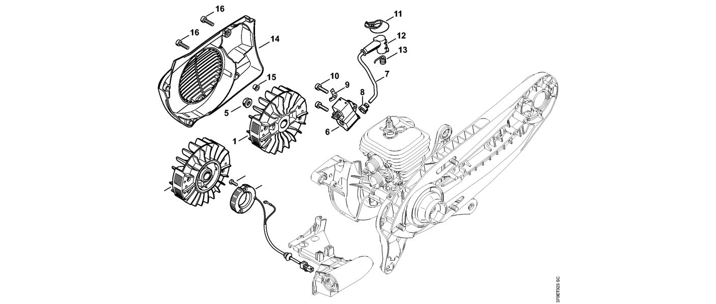 Exploded view of STIHL cut-off machine engine parts including air filter, spark plug, and ignition components.
