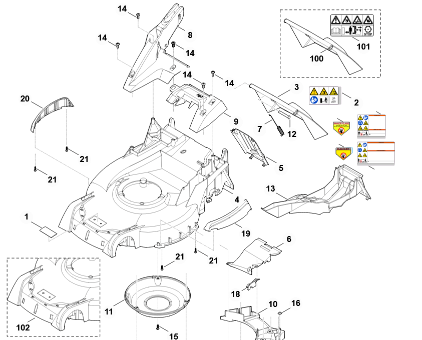 Exploded view diagram of Stihl ride-on lawnmower deck assembly parts, ideal for Tree Surgeon maintenance.