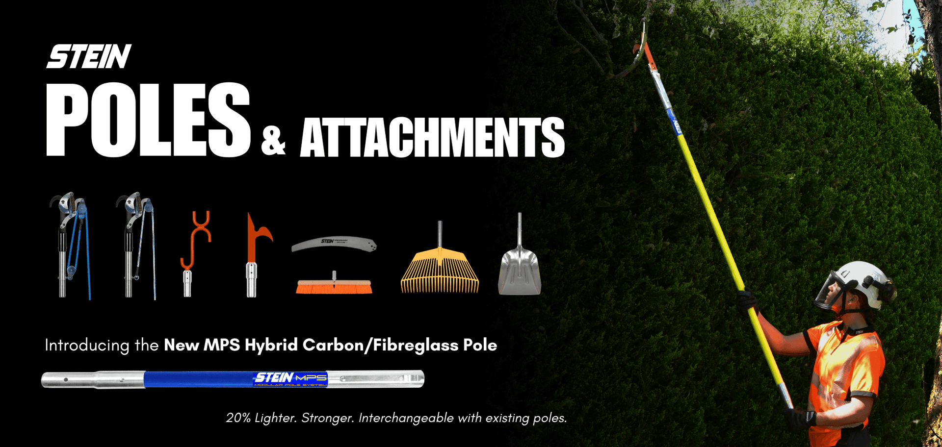 STEIN poles and attachments showcased, featuring the MPS Hybrid Carbon/Fibreglass Pole for tree surgeons.