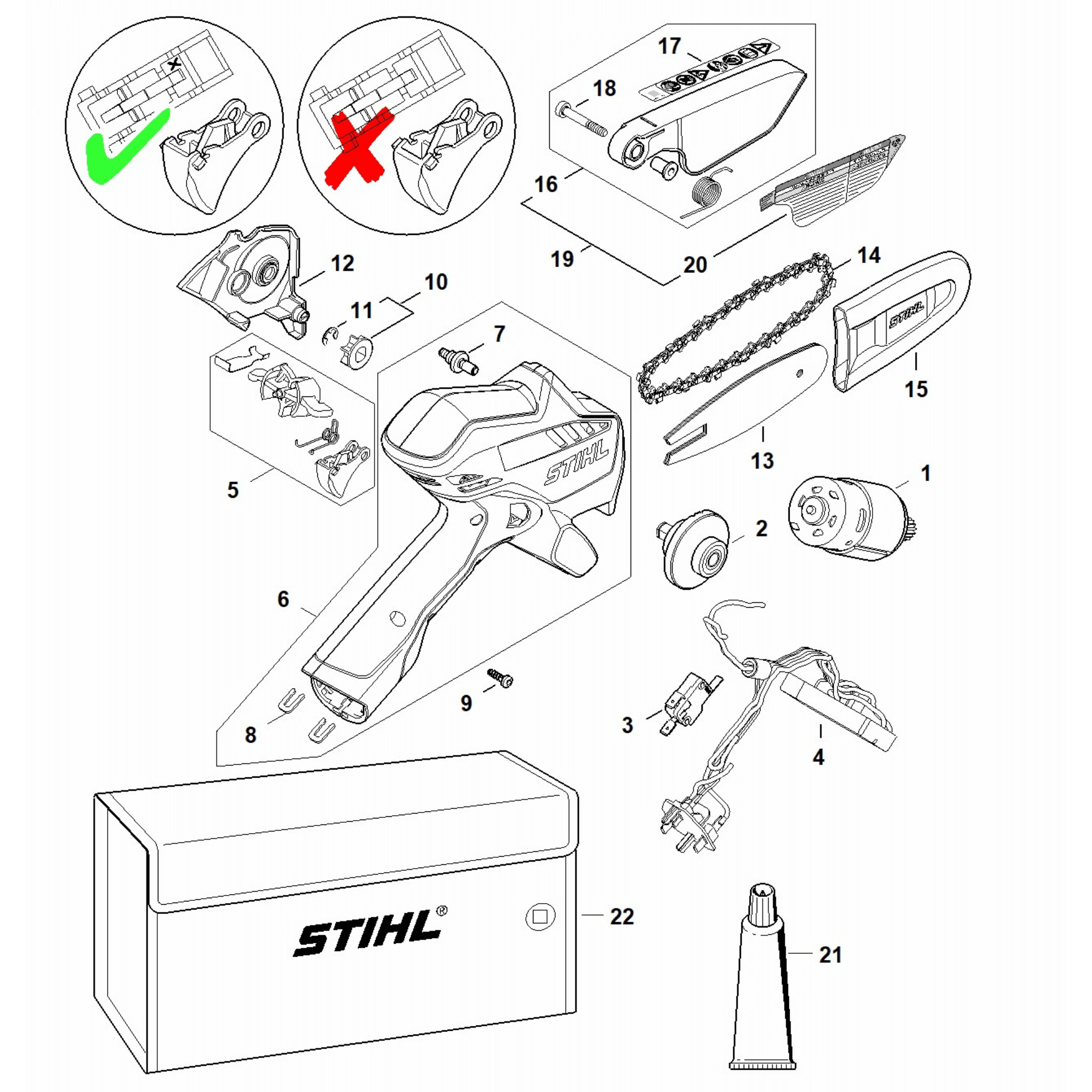 Diagram of STIHL AS System Spare Parts including motor units, housing assemblies, and cutting attachments for Tree Surgeon tools.