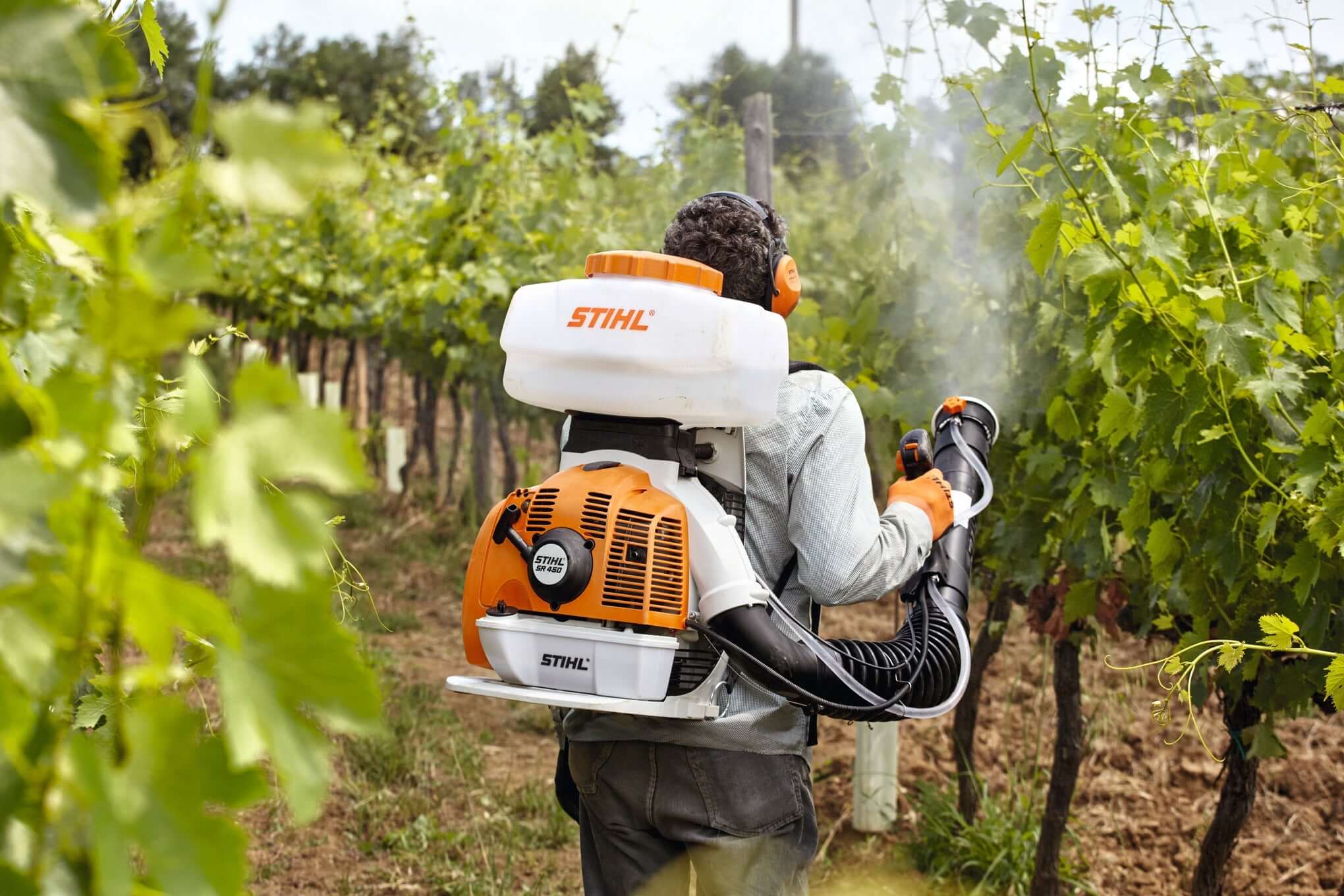 Tree surgeon using STIHL SR 450 Mistblower in vineyard for efficient spraying of crops.