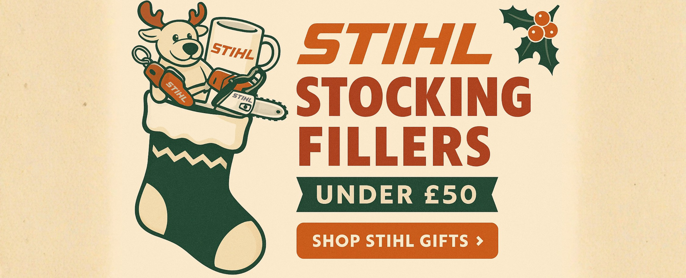 STIHL Christmas Gifts collection featuring tools, apparel, and festive decorations for gardeners and DIY enthusiasts.