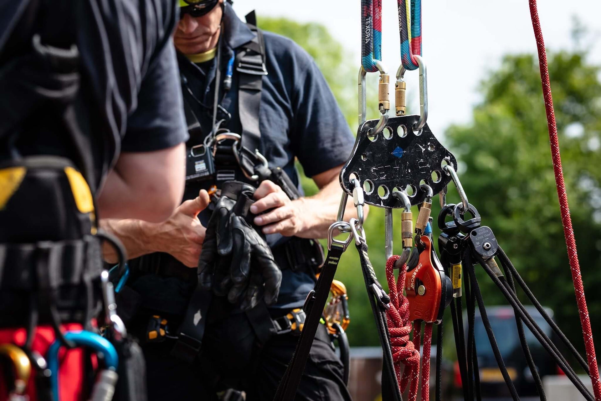 Tree surgeon preparing harness and equipment for safe lifting during tree surgery project.