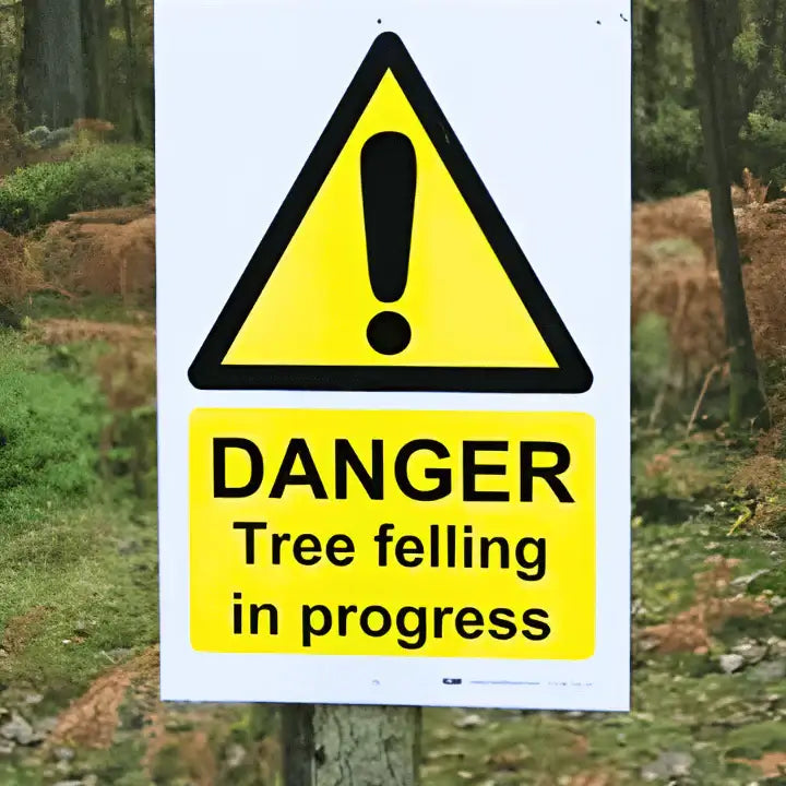 Warning sign indicating 'Danger: Tree felling in progress' for safety awareness in arboriculture.