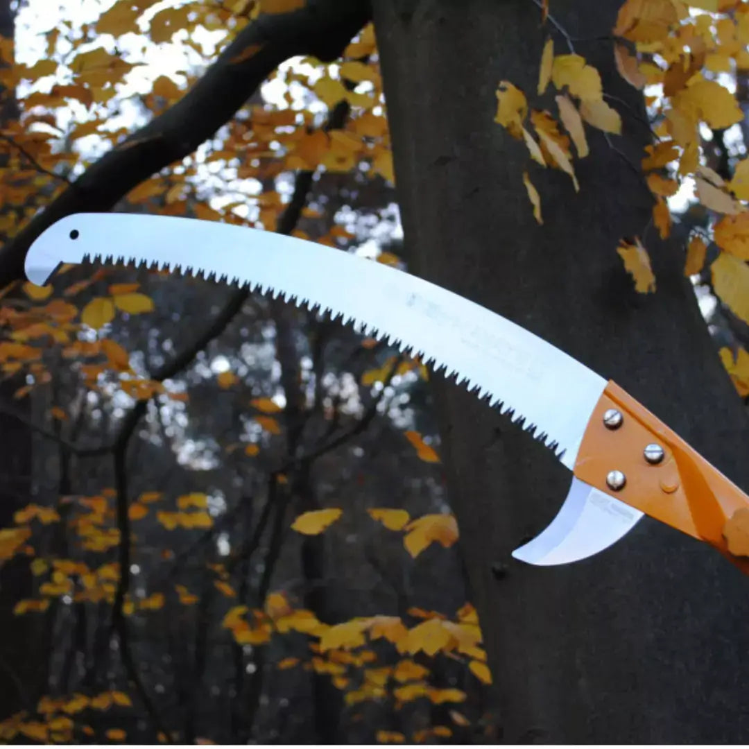 Curved hand pruning saw with a serrated blade, ideal for tree surgeons and gardening enthusiasts alike.