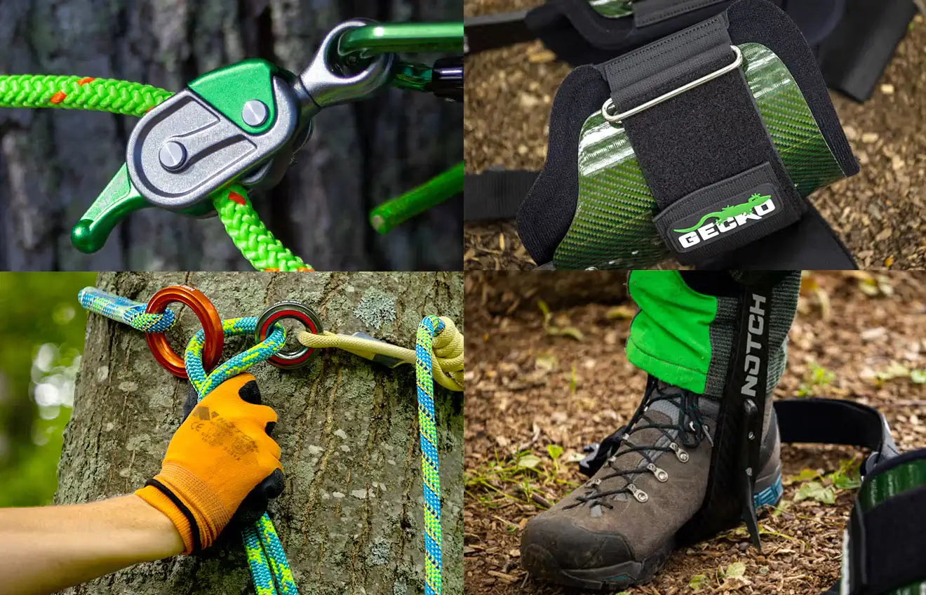 Collage of Notch equipment including harnesses, ropes, and gear for tree surgeons and arborists.