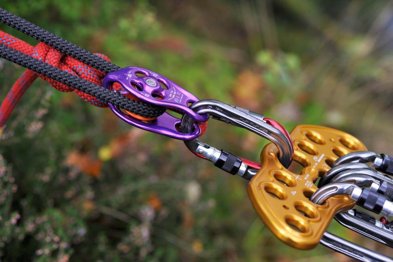 Close-up of rigging equipment featuring lowering & rigging gear for tree surgeon operations.