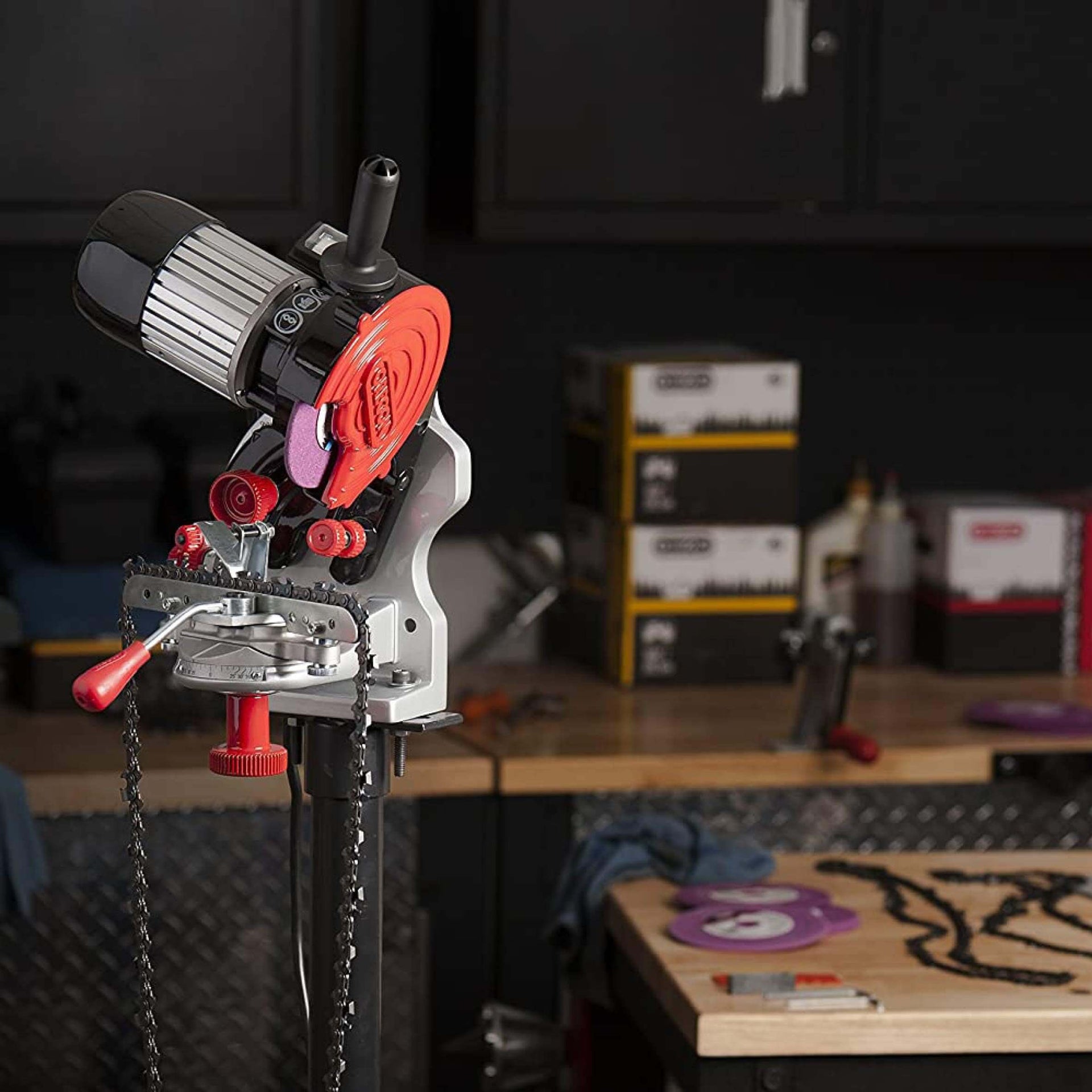 Bench chain sharpener by Oregon for tree surgeons, designed for precision sharpening in a workshop setting.