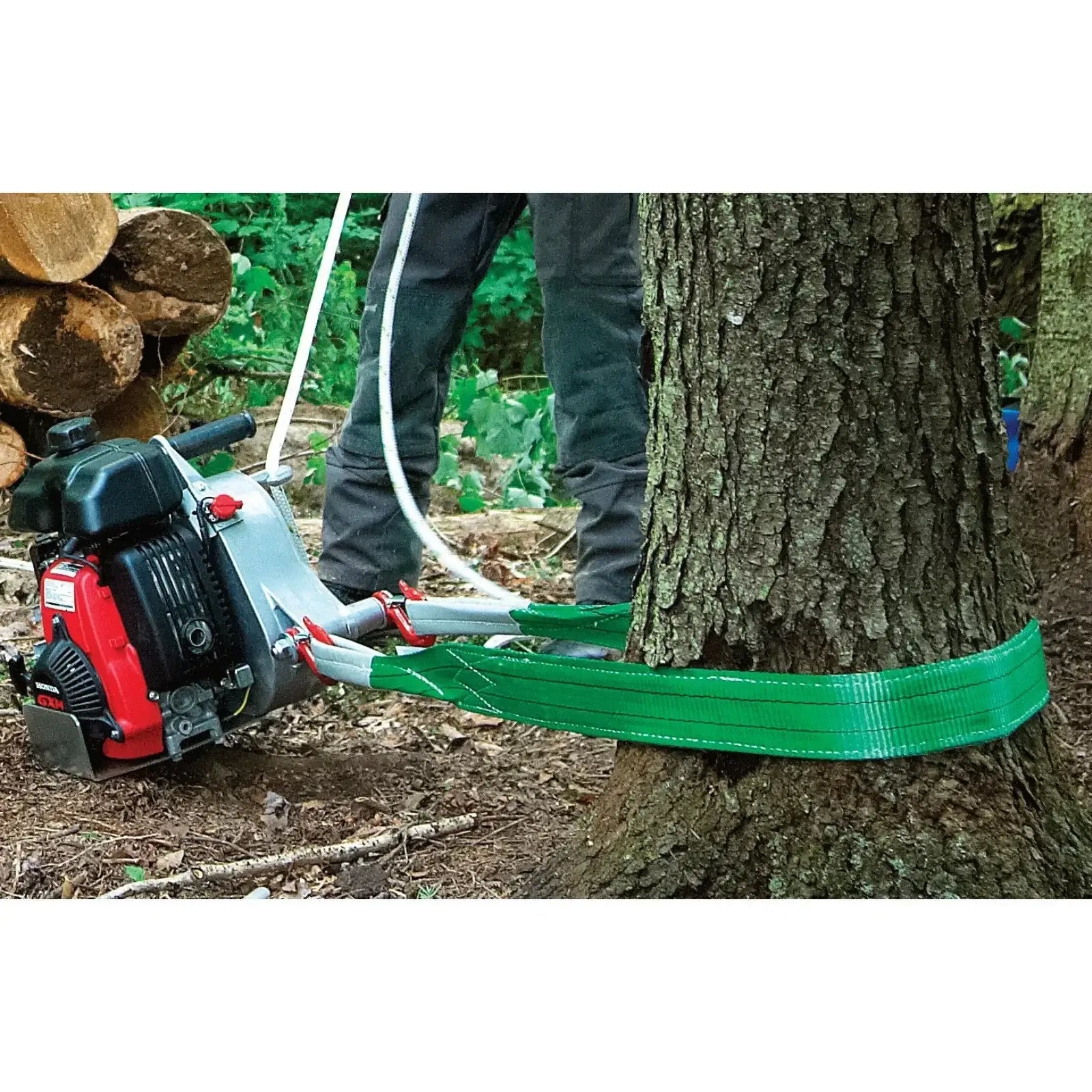 Portable powered winch kit setup for tree surgery, demonstrating lifting and lowering with strong rigging components.