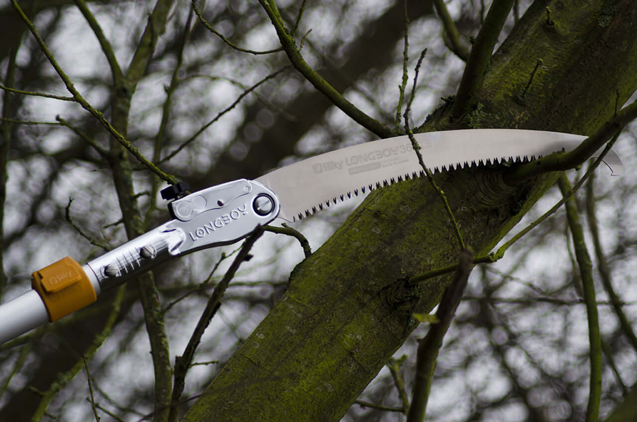 Long reach pole saw with a sharp replacement blade cutting through a tree branch, perfect for tree surgeons.