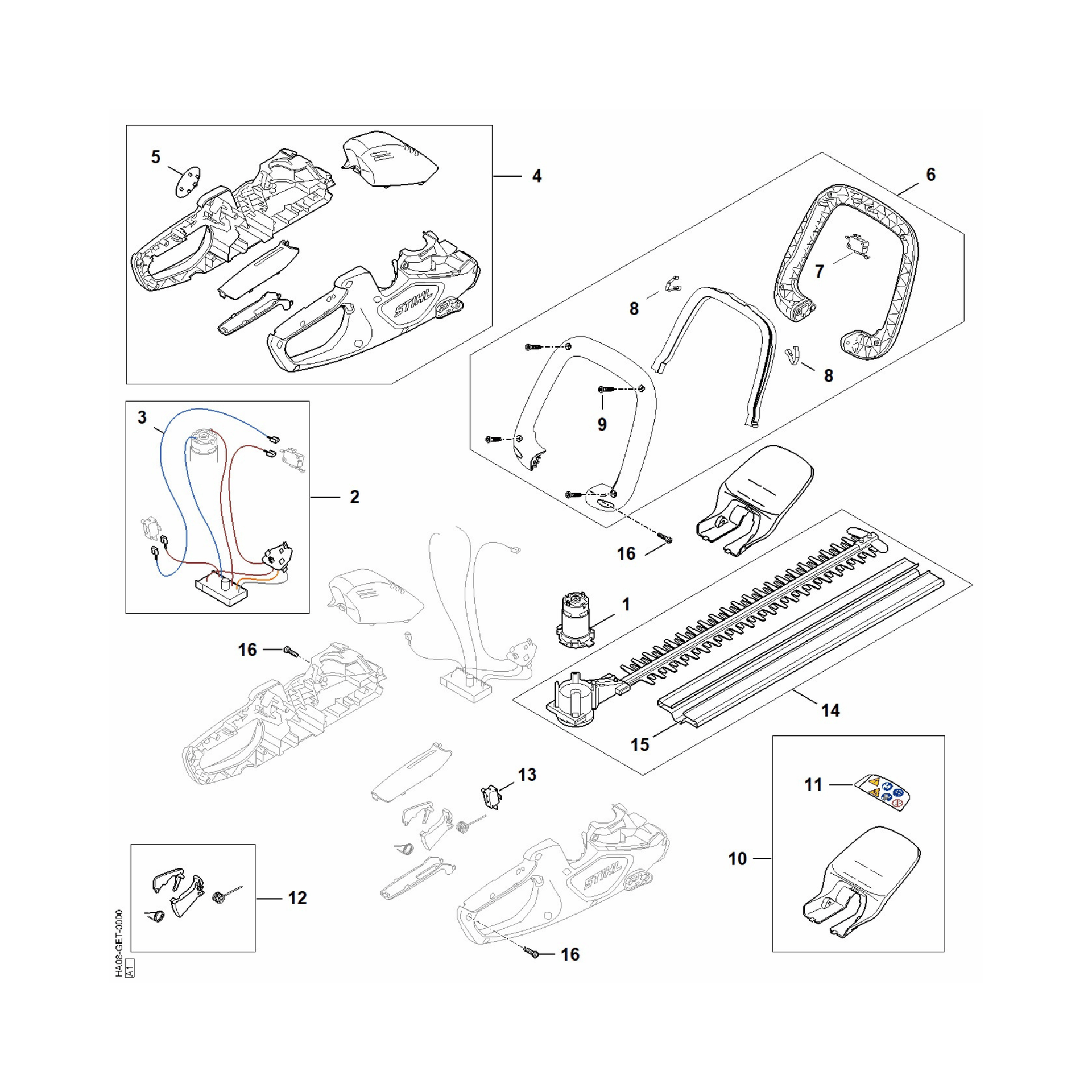 Diagram of STIHL cordless machine spare parts, including components for maintenance and repair for tree surgeons.