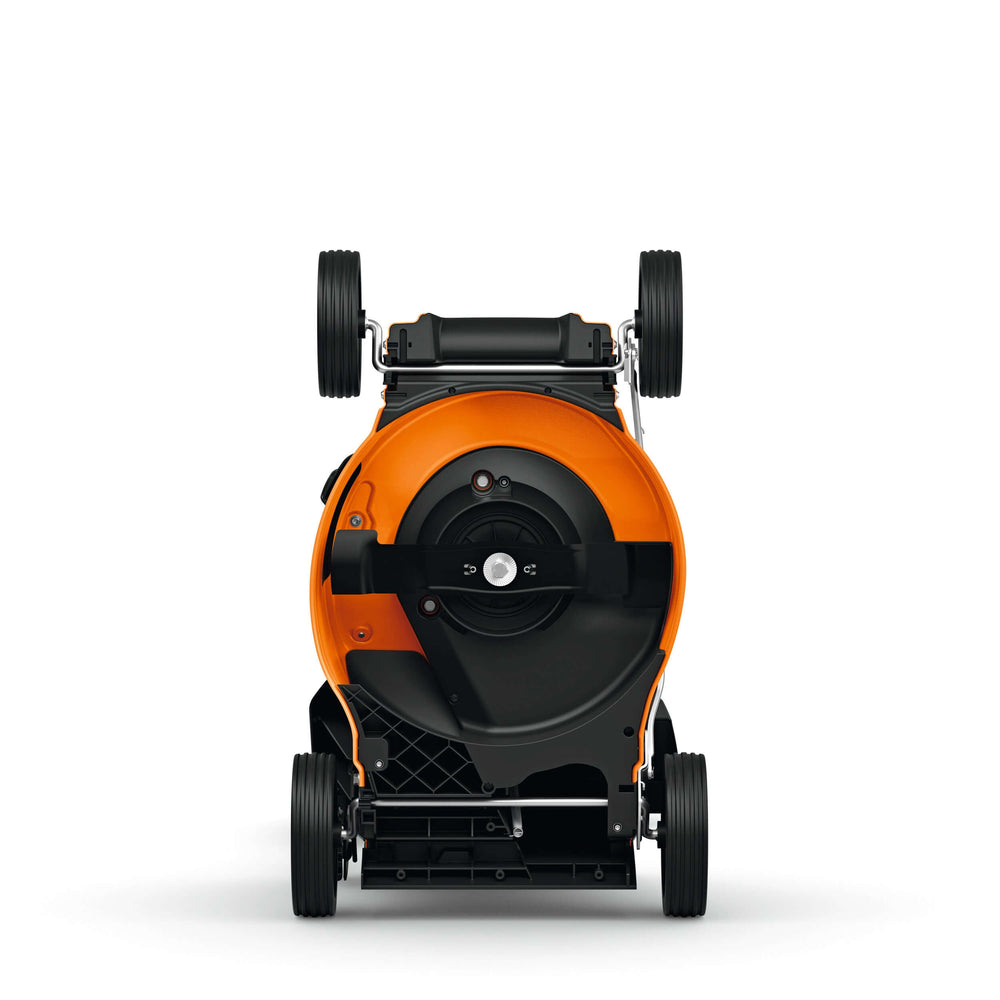 RMA 243 Cordless Lawn Mower viewed from underneath showcasing its build and design features.
