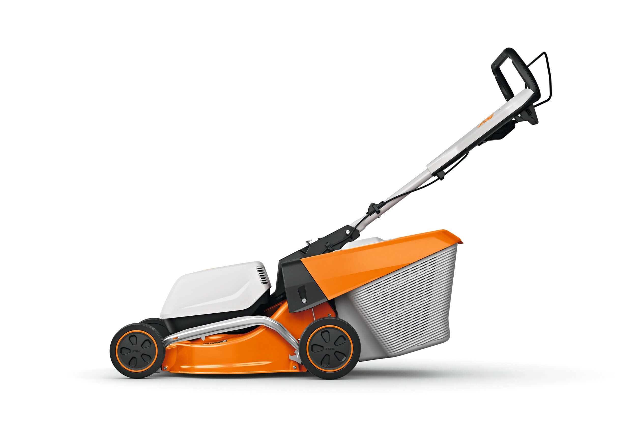 RMA 243 Cordless Lawn Mower side view showcasing its lightweight design and efficient grass collection system.