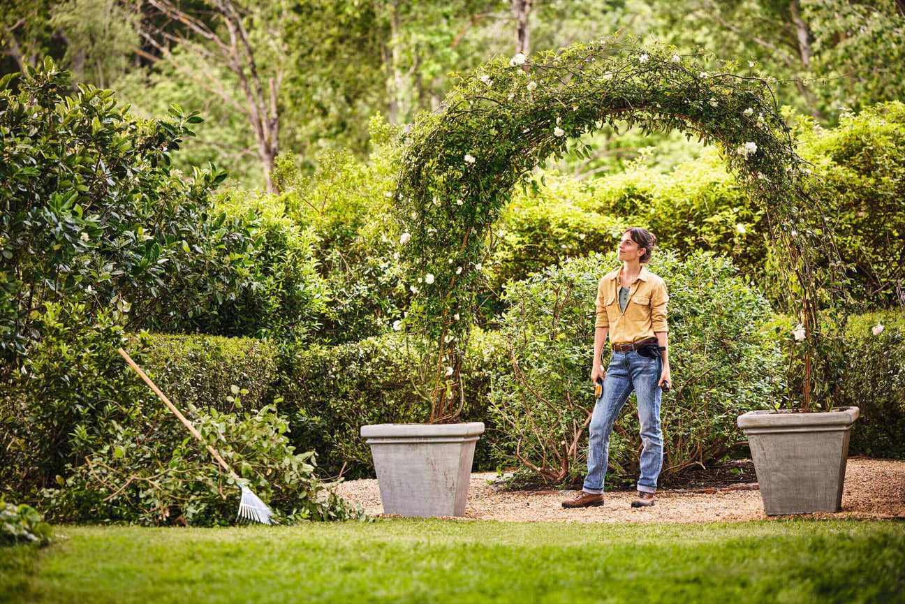 Gardener standing in a lush garden beneath an archway, surrounded by greenery and a rake nearby.