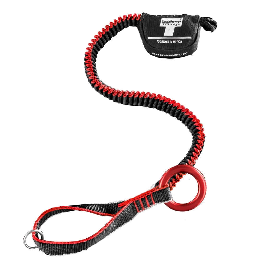 Teufelberger antiSHOCK Tool Lanyard with red accents, designed for tree surgeons to absorb shock during falls.