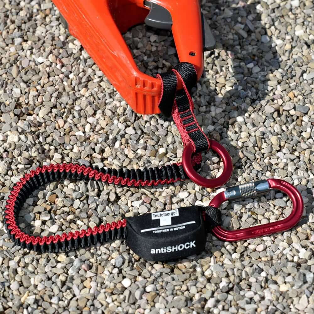 Teufelberger antiSHOCK Tool Lanyard with carabiner, ideal for tree surgeons to prevent tool drop injuries.