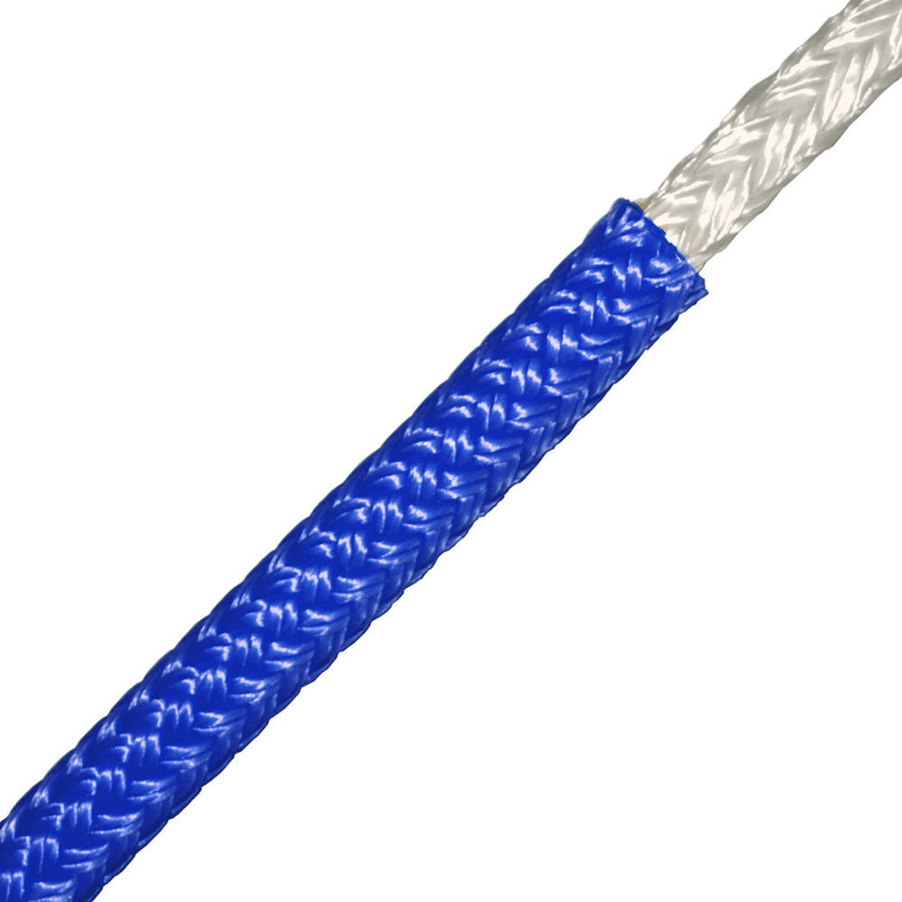 Close-up of a 14mm blue braid-on-braid rigging line, ideal for tree surgeons and offering high breaking strength.