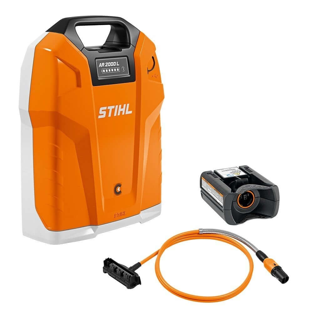 STIHL AR 2000 L Battery Set with charger and cable for tree surgeons, ideal for landscaping and forestry tasks.