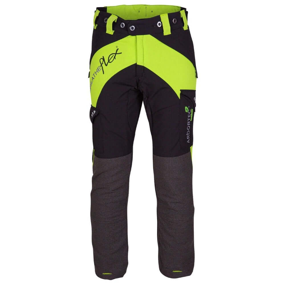 Breatheflex Chainsaw Trousers Lime for Women, ideal for tree surgeons with breathable fabric and chainsaw protection.