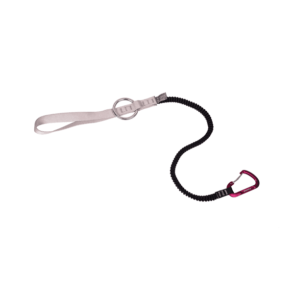 Sawer tool lanyard bungee with metal ring and carabiner for tree surgeon safety.