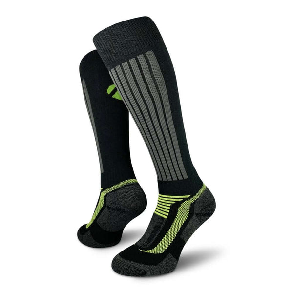 High leg black and lime socks designed for tree surgeons, featuring moisture wicking and shock absorption.