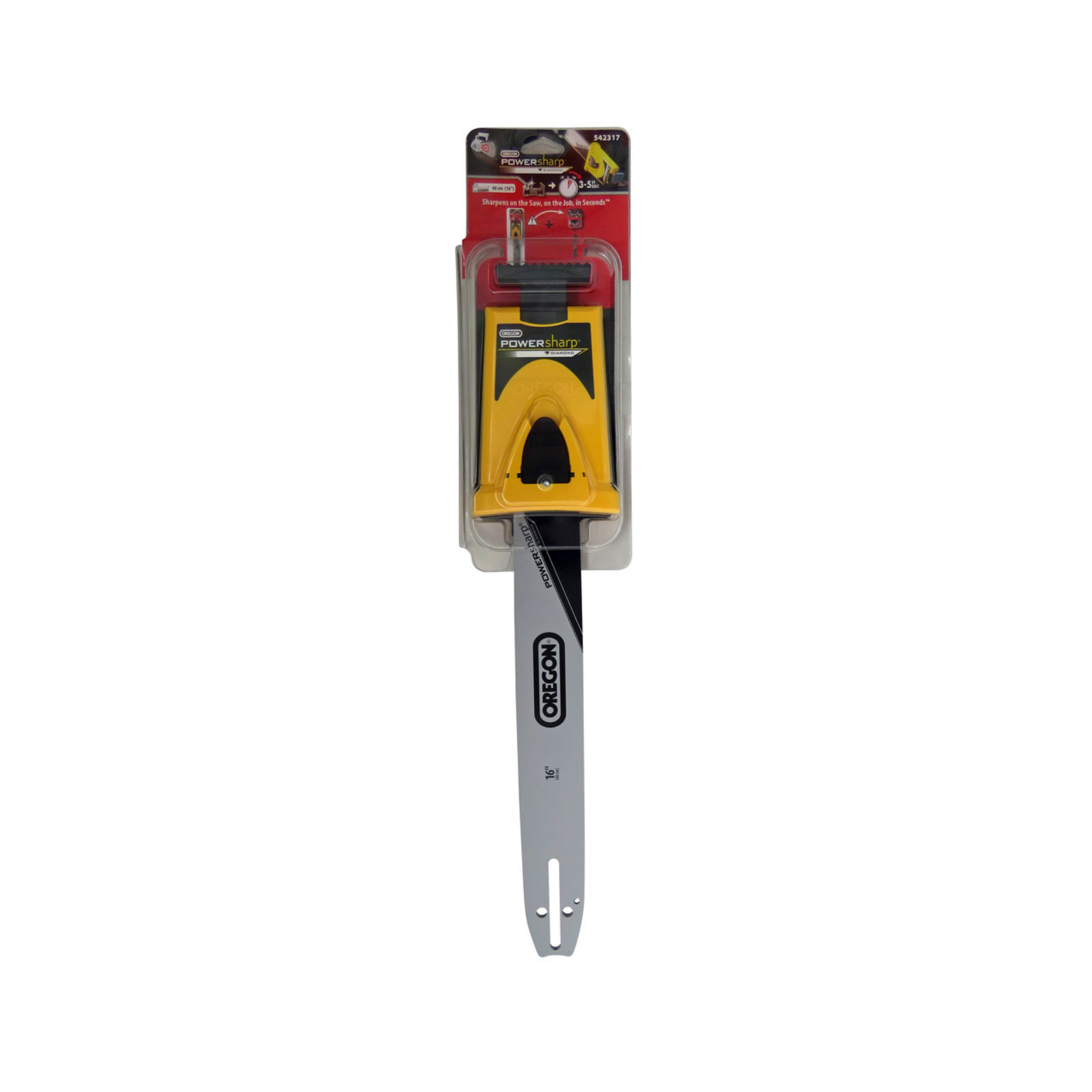 PowerSharp Bar 16" by Oregon, displayed in packaging, perfect for quick chain sharpening and compatible with various saw models.