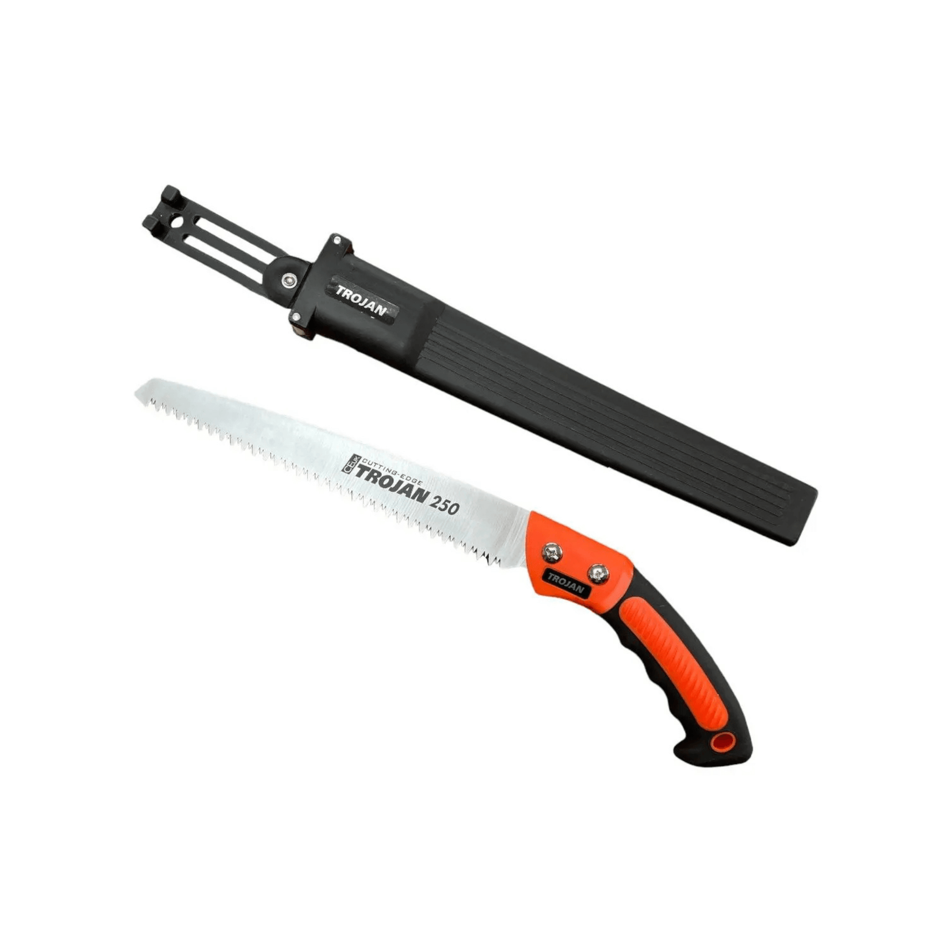Trojan Straight Hand Saws with 250mm blade and protective sheath, designed for precision wood cutting.