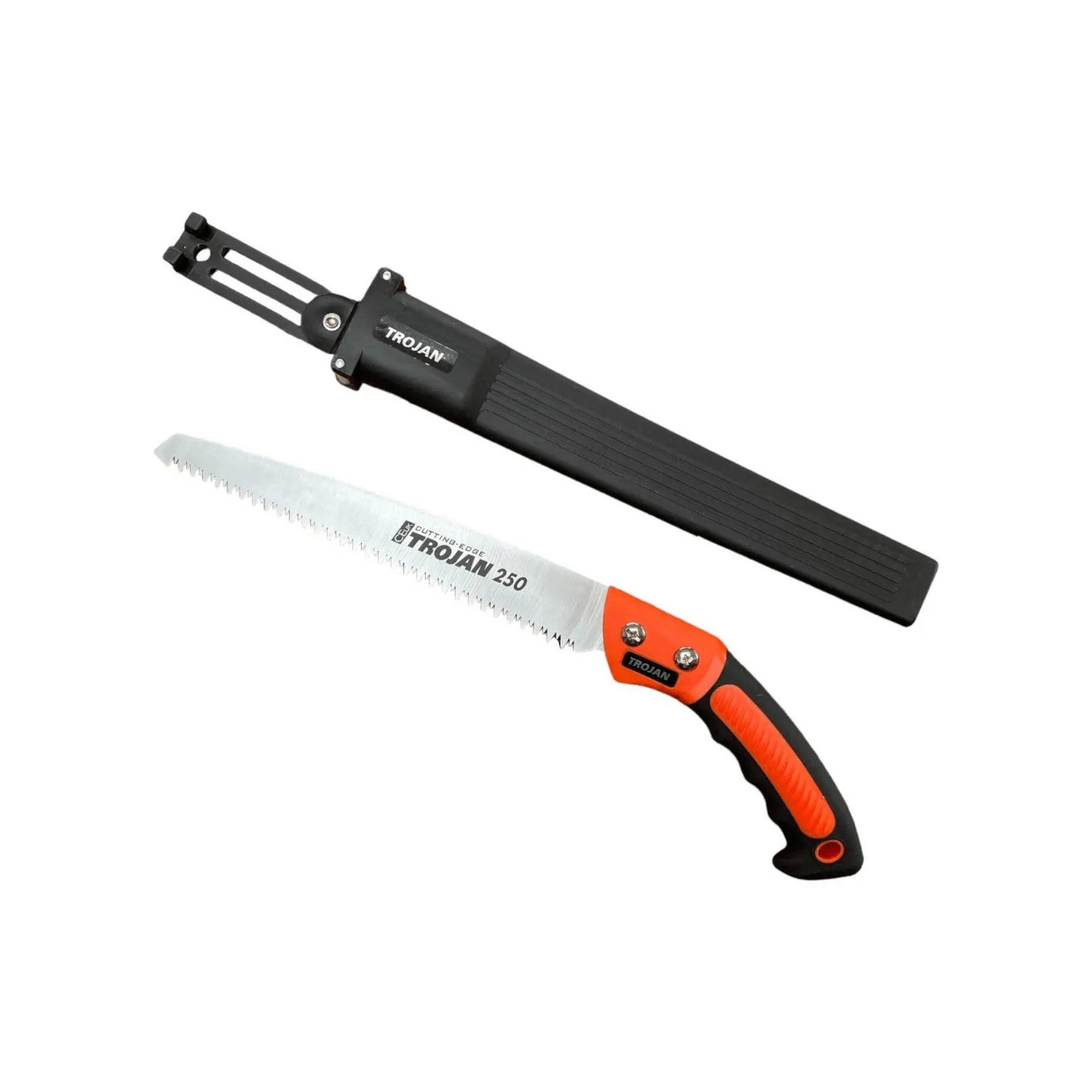 Trojan Straight Hand Saws with 250mm blade and protective sheath, designed for precision wood cutting.
