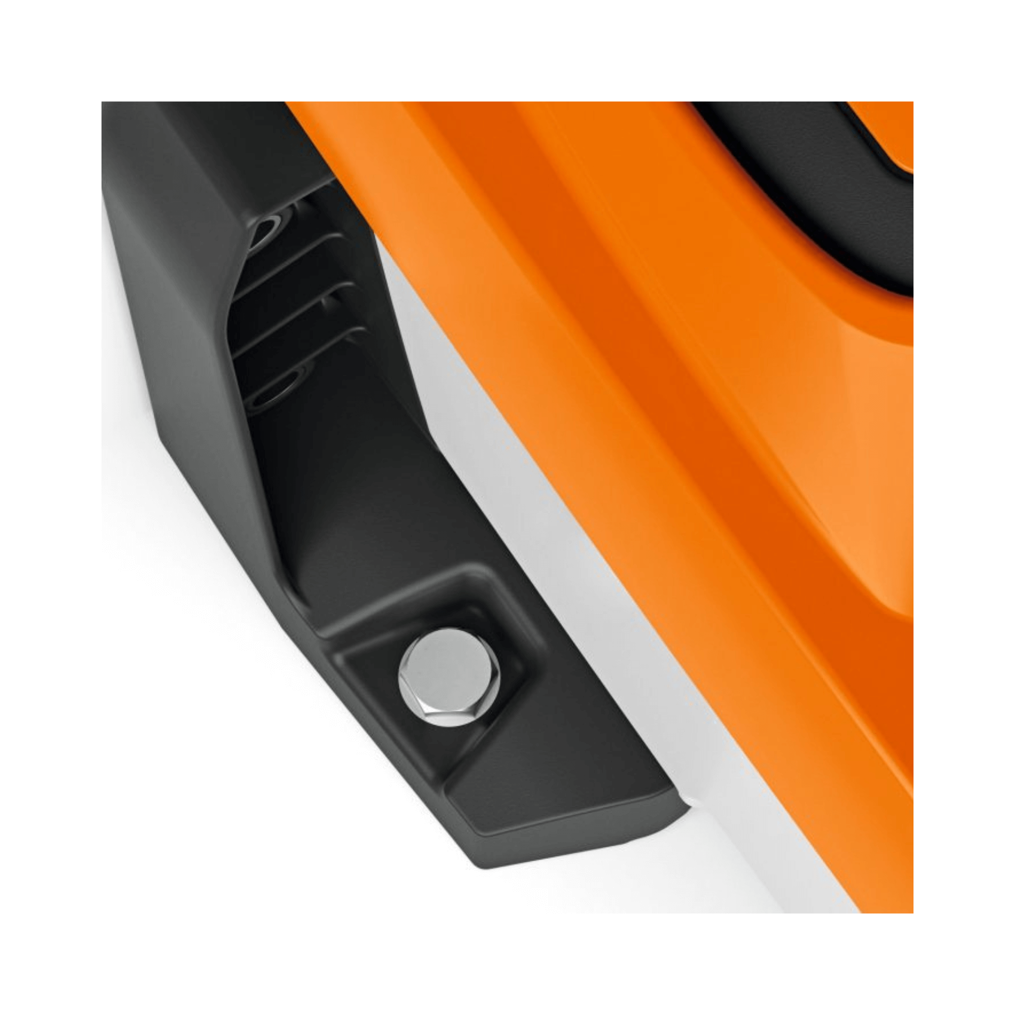 Close-up of STIHL equipment connector with orange and black design, ideal for tree surgeons and professional users.
