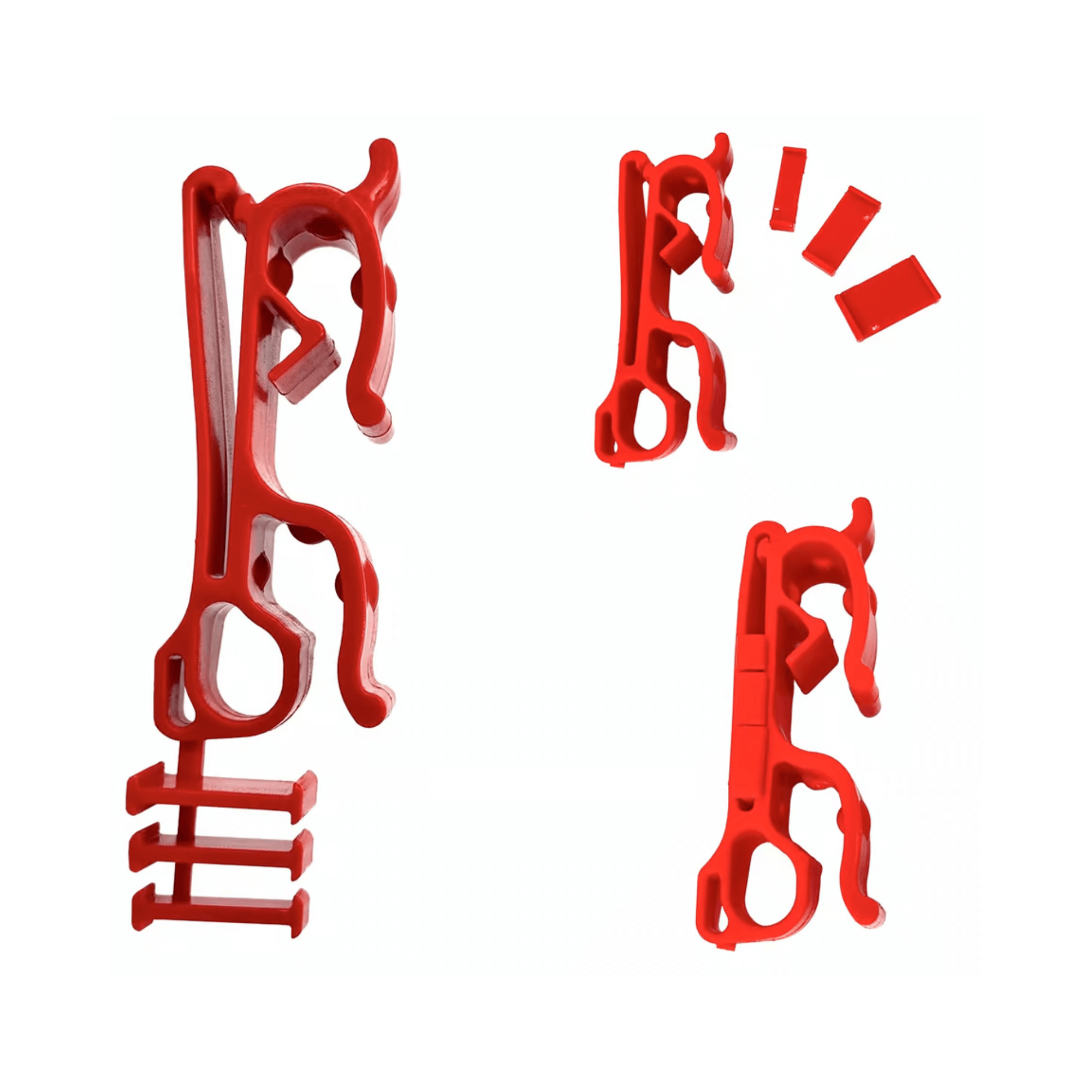 Buddy Lanyard Manager parts displayed in red, designed for efficient rope management while climbing.