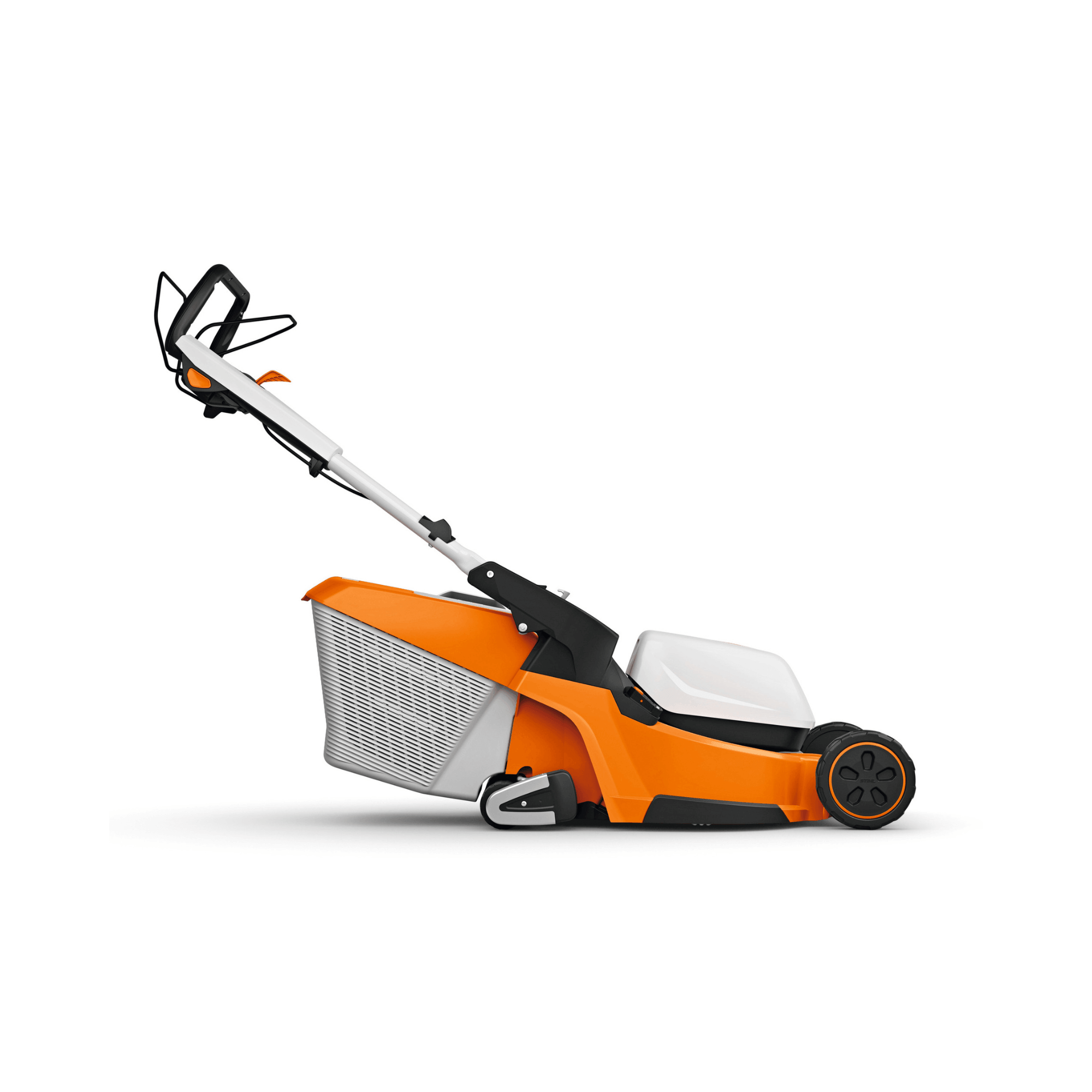 STIHL RMA 448 RV cordless lawnmower side view showing foldable mono-handlebar and AK System battery slot.