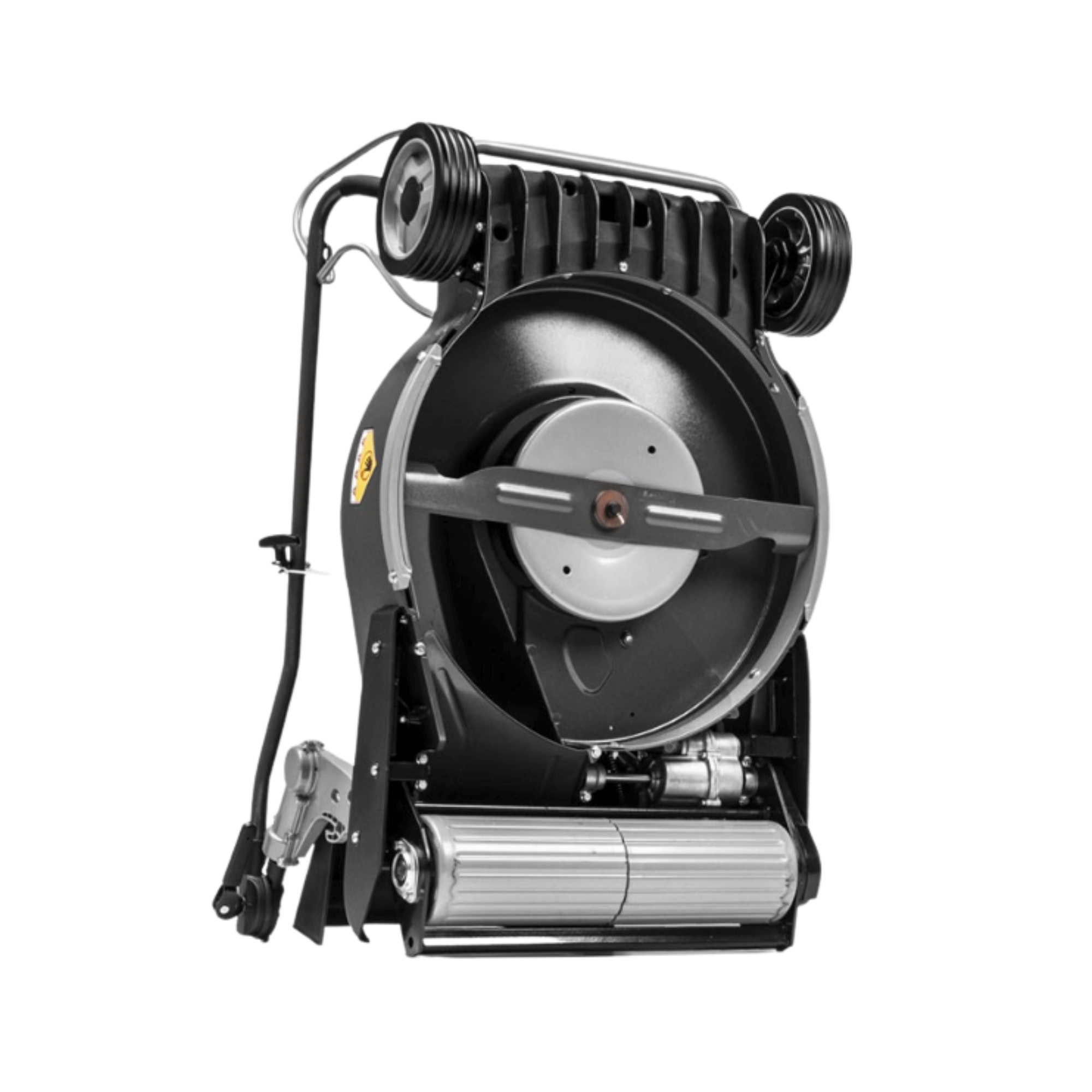 Legacy 48 PRO Rear Roller Petrol Lawnmower rear view with aluminum deck and steel roller