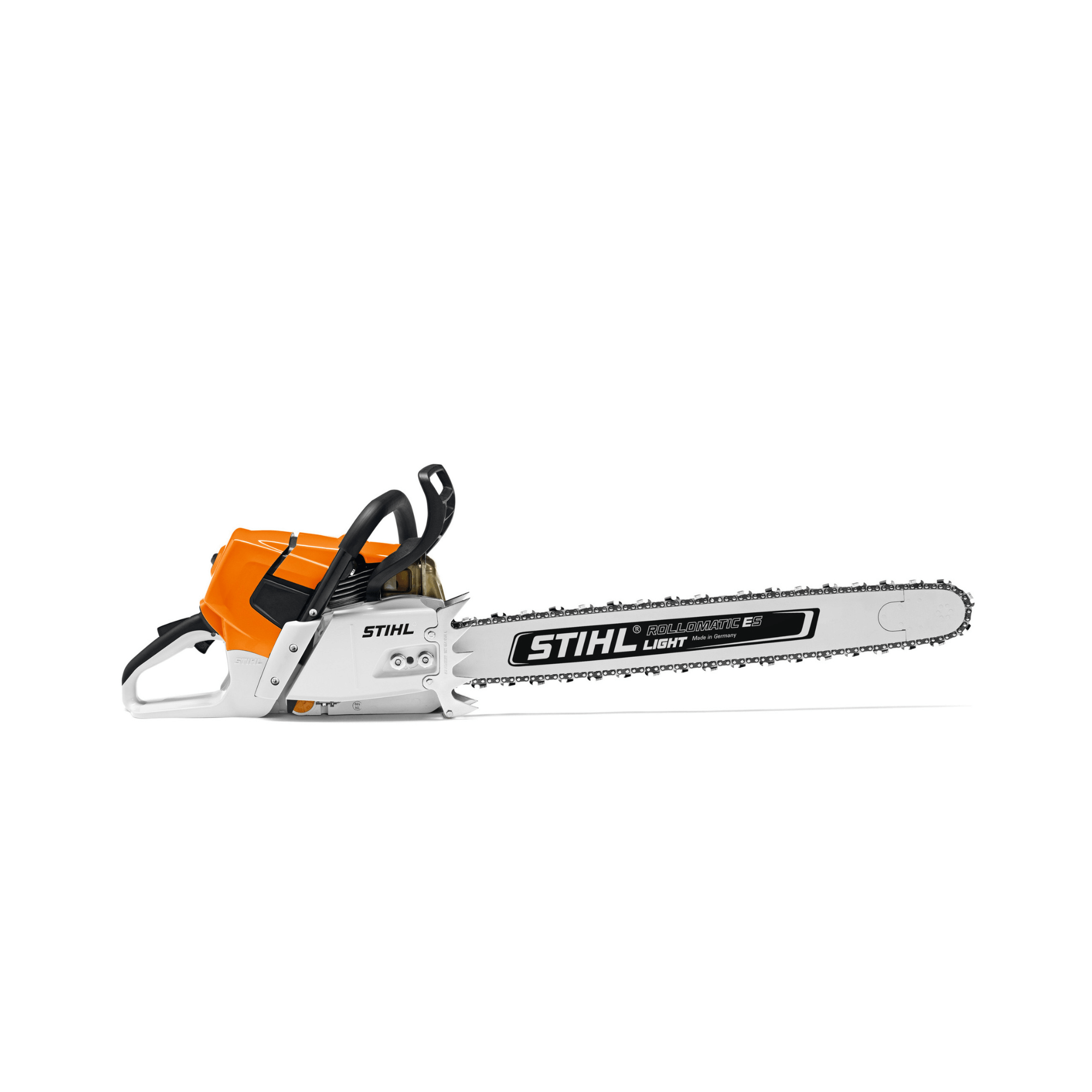STIHL MS 661 C-M Petrol Chainsaw side view with orange and white design, ideal for professional forestry work.