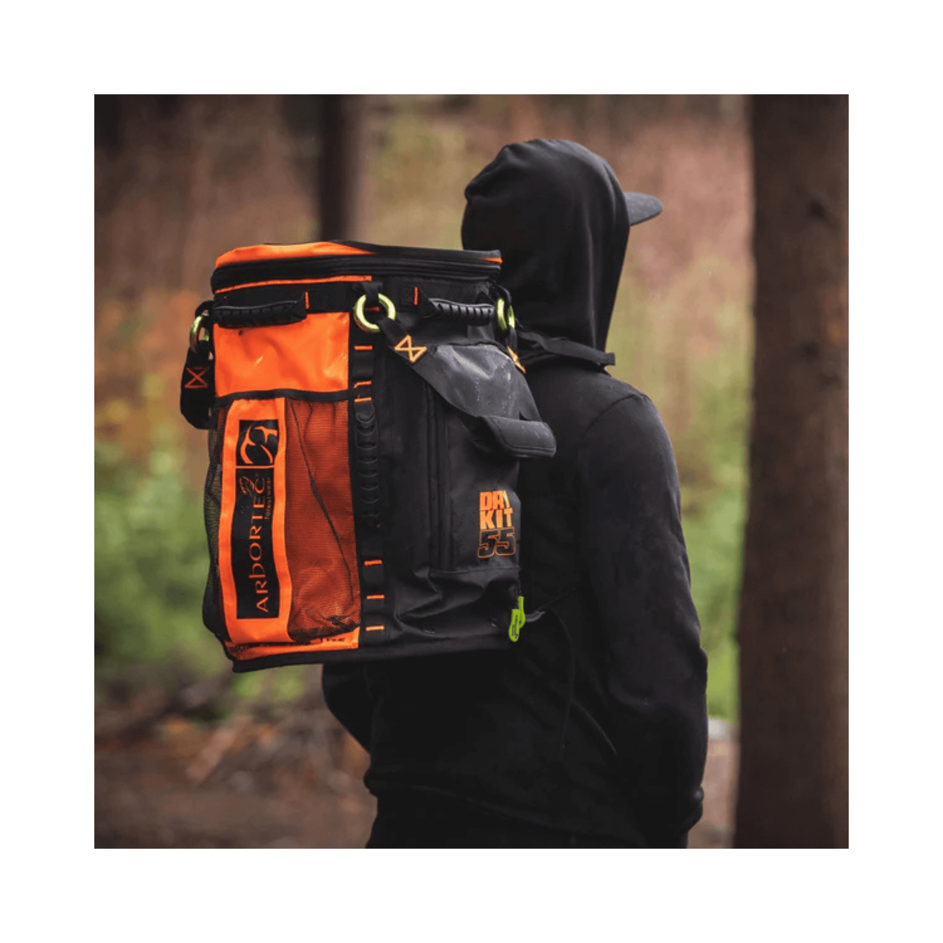 Cobra Drykit Climbing Rope Bag worn by a tree surgeon, featuring a robust, waterproof design for professional arborists.