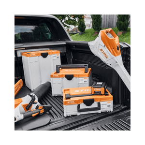 STIHL Battery Box Systainer System in a truck bed, ideal for tree surgeons, ensuring safe storage of tools.