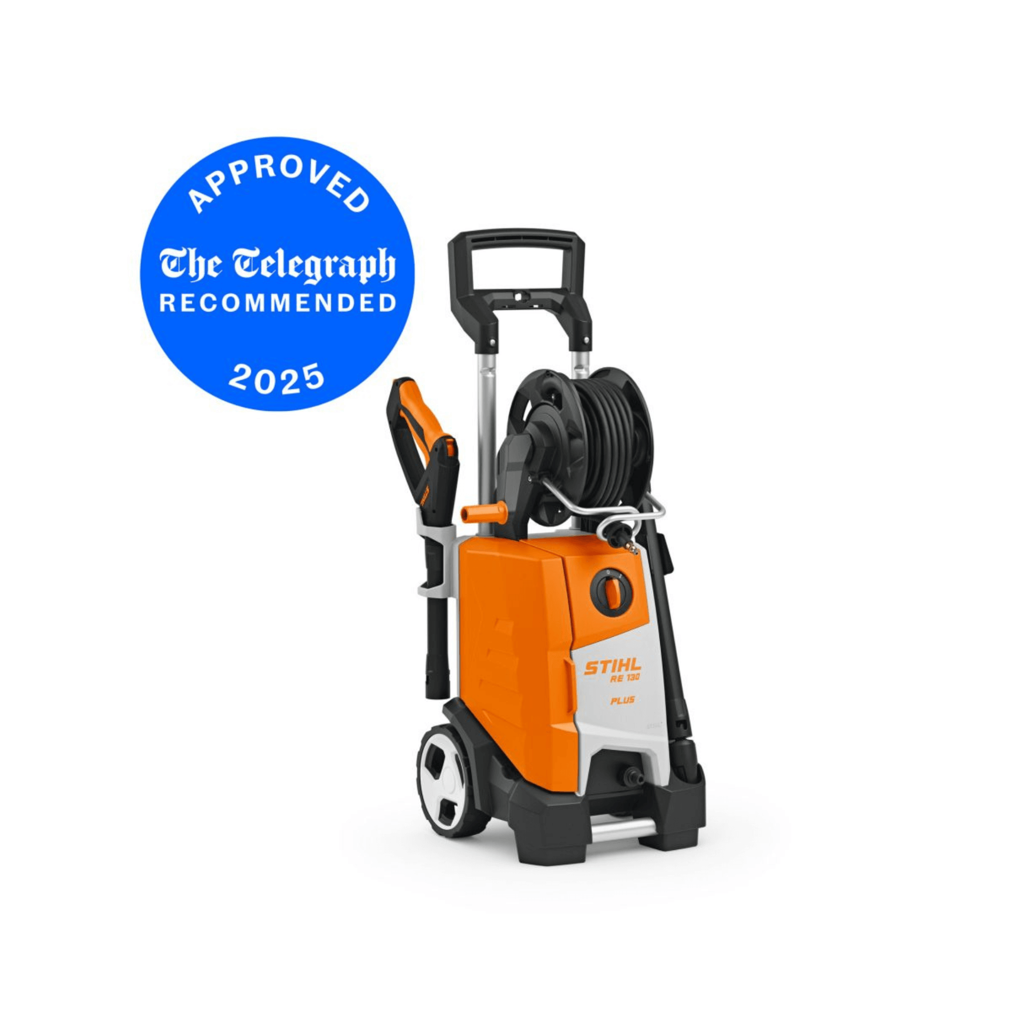 STIHL RE 130 Plus Pressure Washer with integrated hose reel and recommendation badge by The Telegraph 2025.