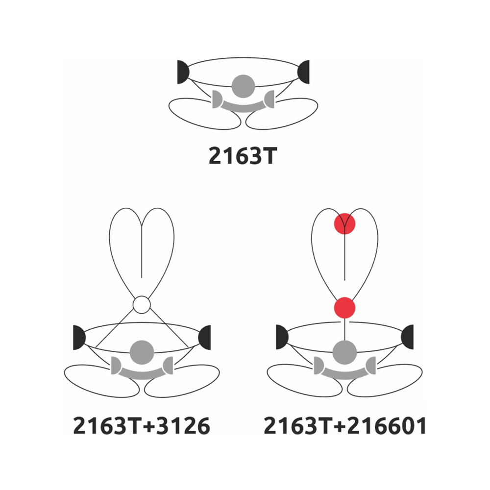 Diagrams showing configurations of the 2163T climbing harness with variations 2163T+3126 and 2163T+216601.