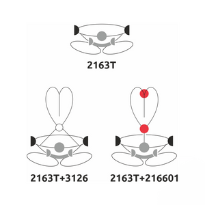 Diagrams showing configurations of the 2163T climbing harness with variations 2163T+3126 and 2163T+216601.