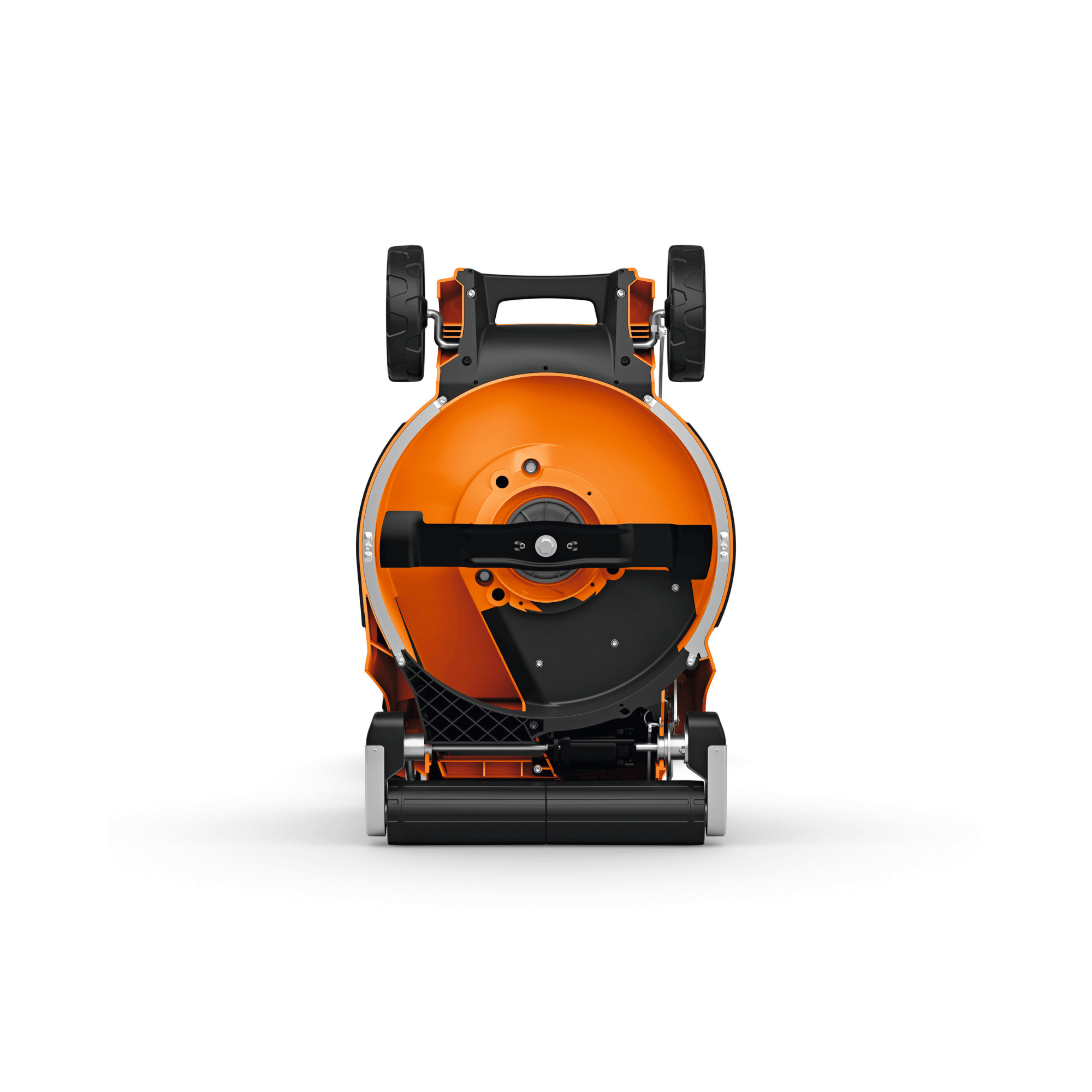 STIHL RMA 448 RV cordless lawnmower rear view showing the 52-litre grass collector with fill-level display.