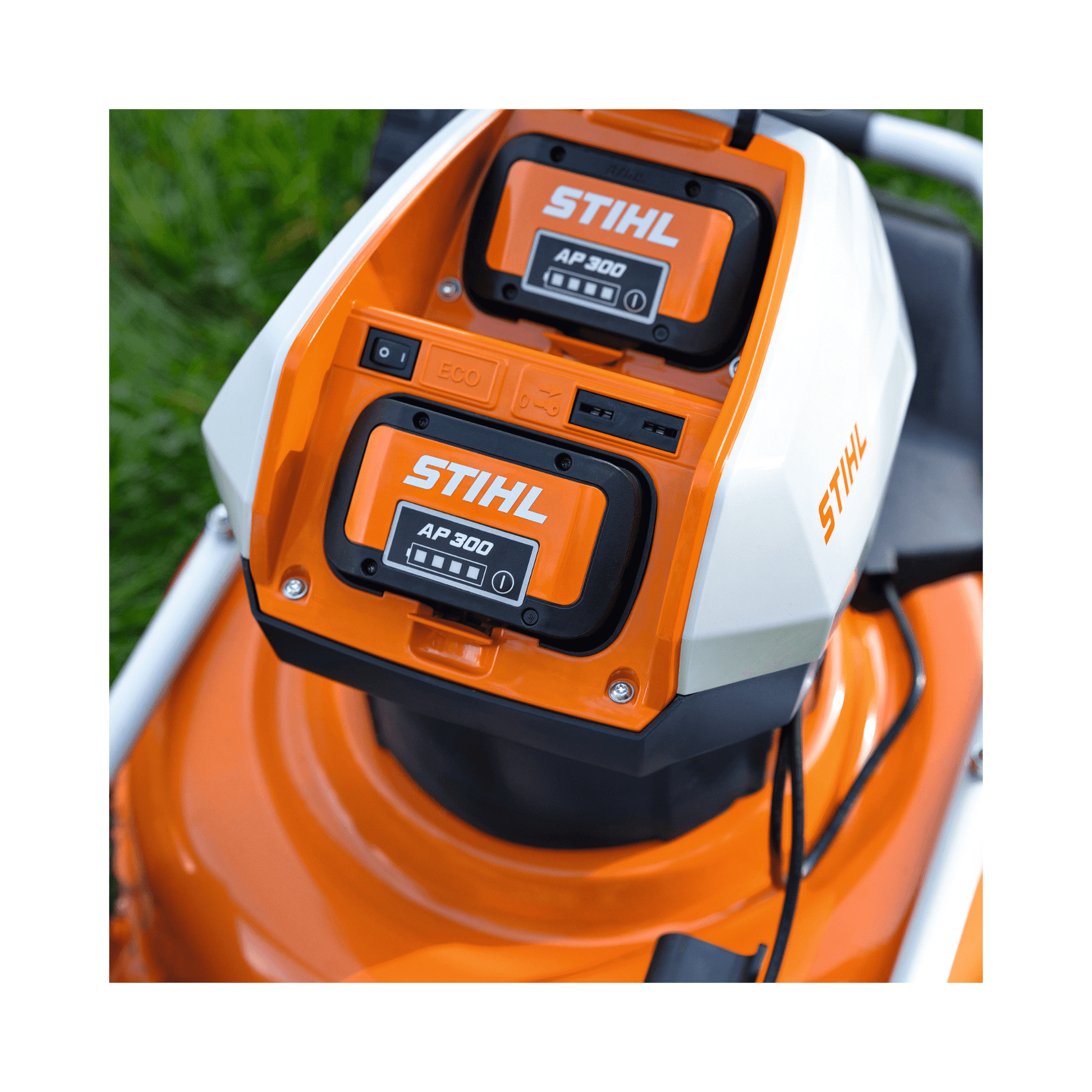 STIHL RMA 2 RV Cordless Mulching Lawnmower battery detail with AP 300 units.