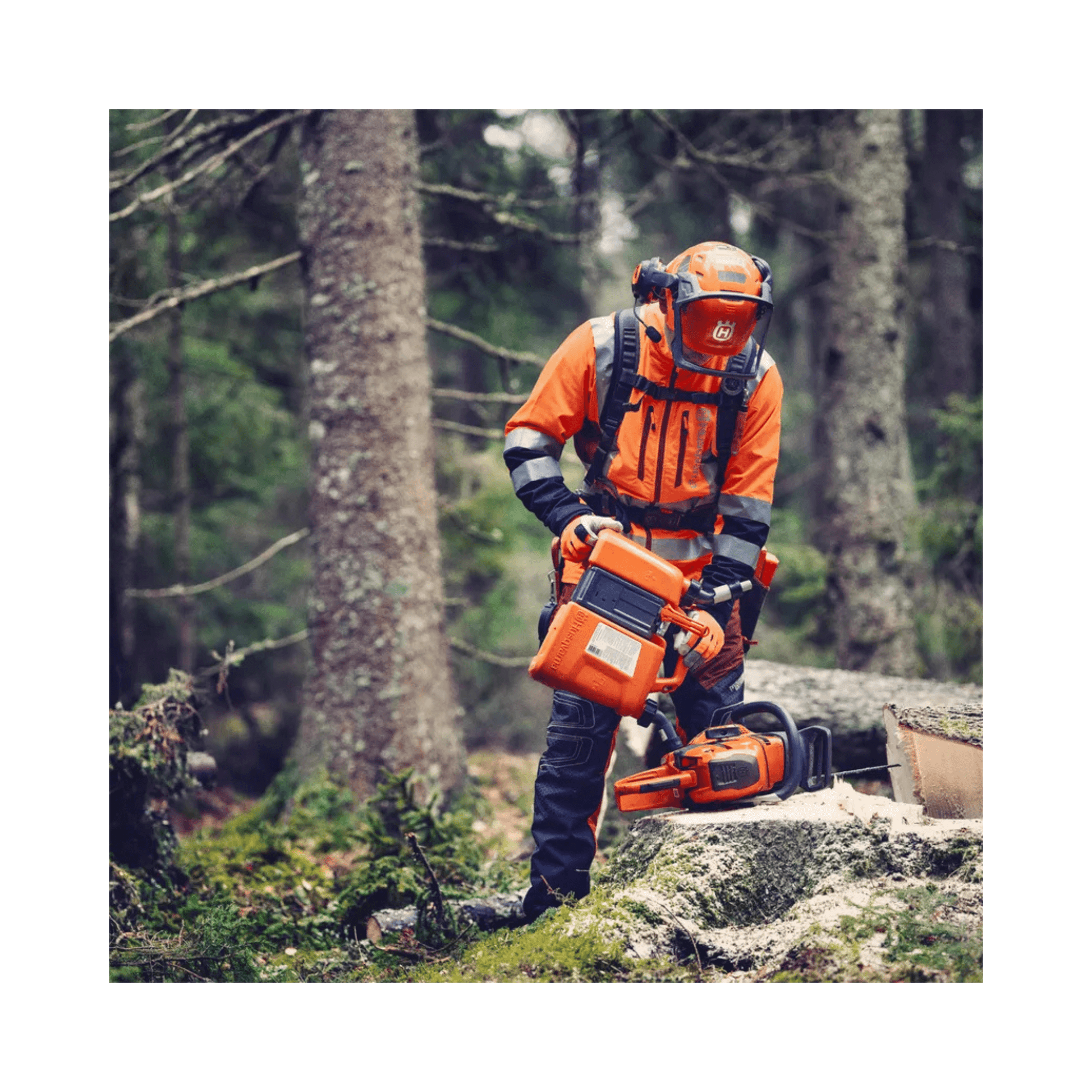 Tree surgeon using a Husqvarna Combination Can for efficient refueling while operating a chainsaw in the forest.