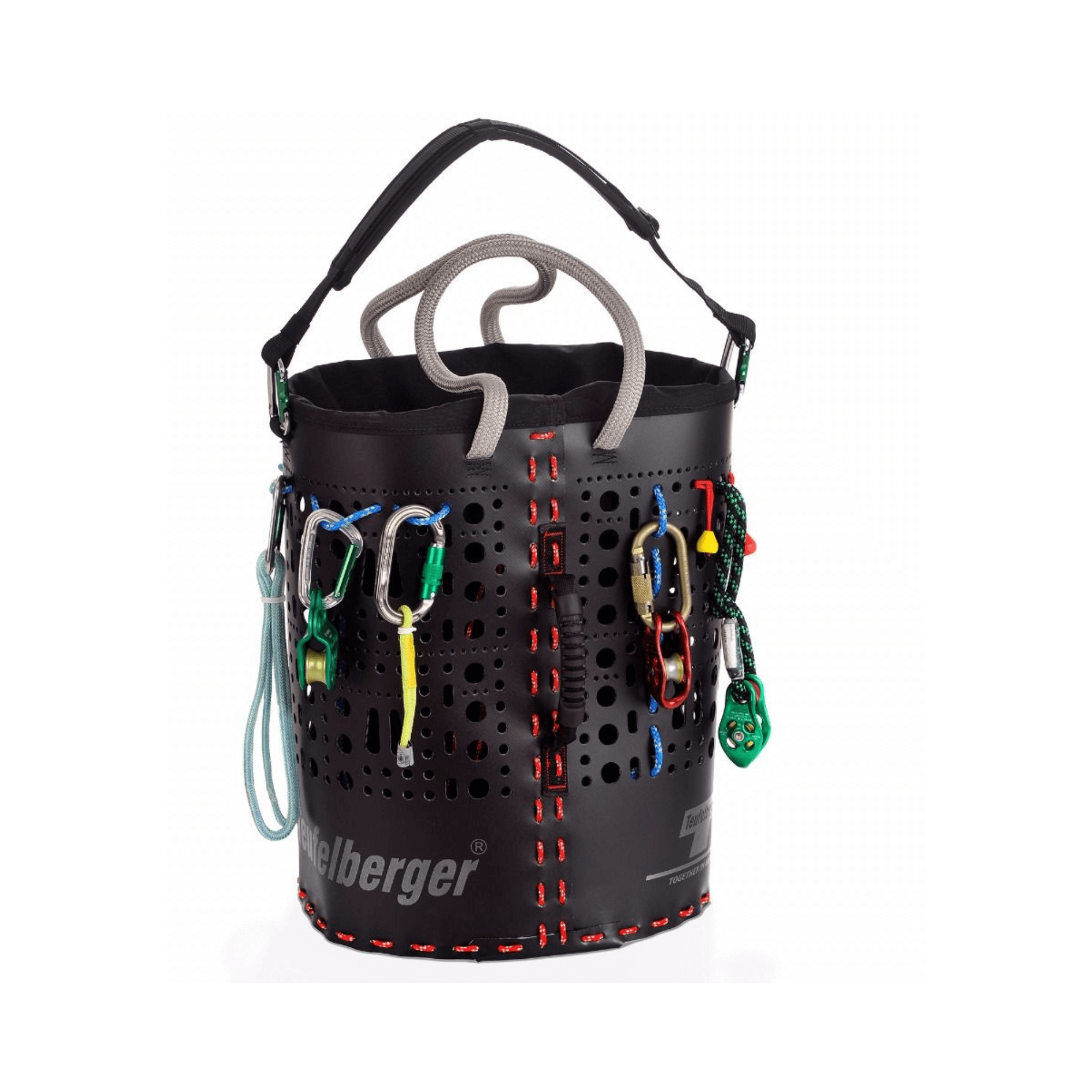 Rope Climbing ropeBucket kitBAG 25L with climbing gear attached for tree care equipment transport and storage.
