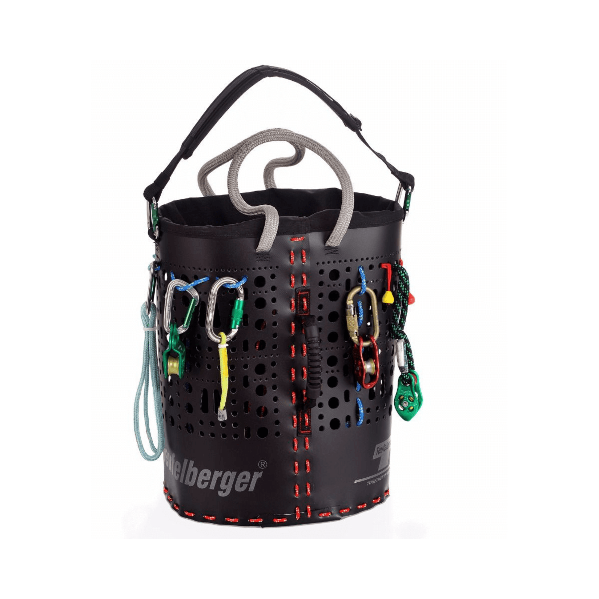 Rope Climbing ropeBucket kitBAG 25L with climbing gear attached for tree care equipment transport and storage.