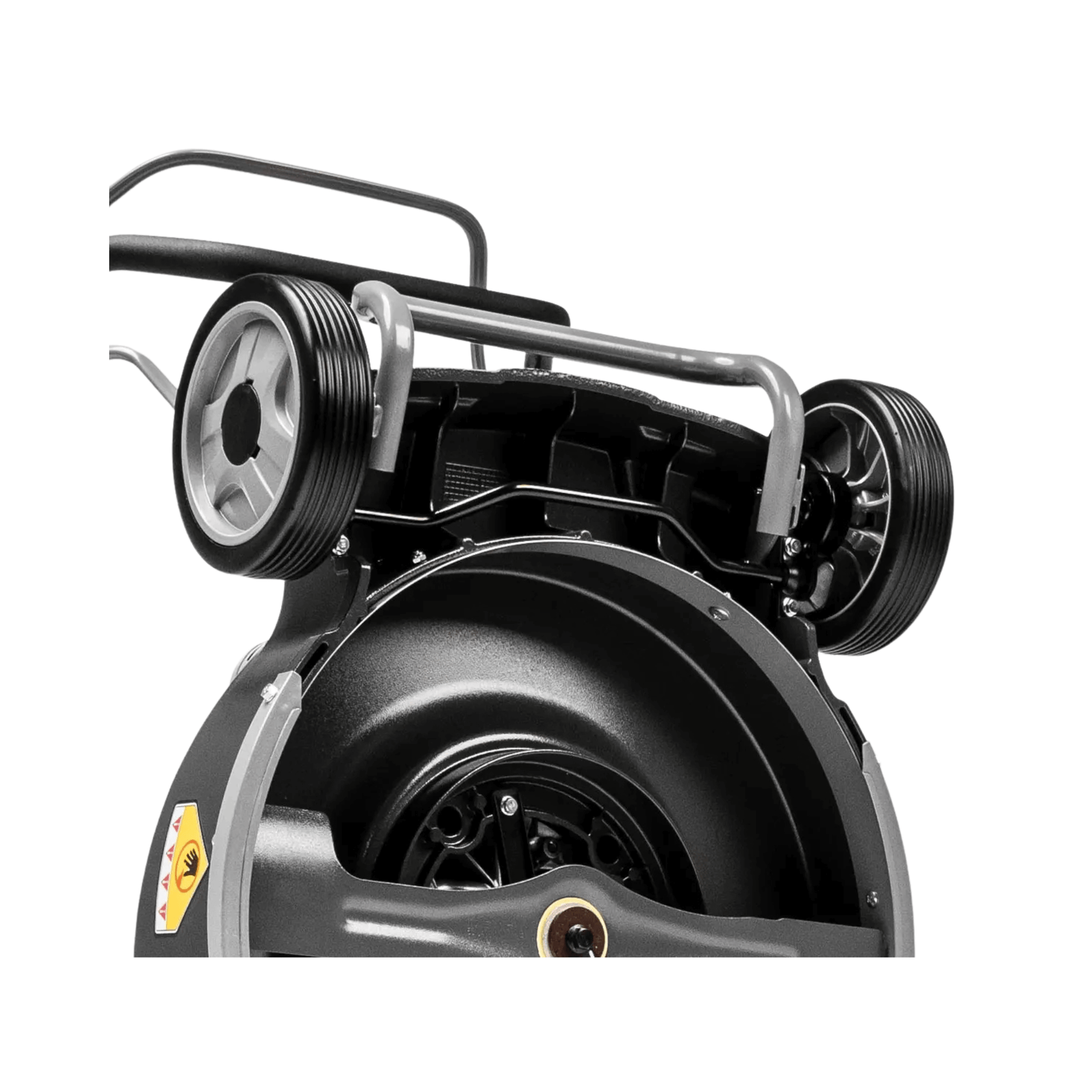 Rear view of Virtue 53 ASD LV Self Propelled Petrol Lawnmower showcasing its durable construction and wheels.