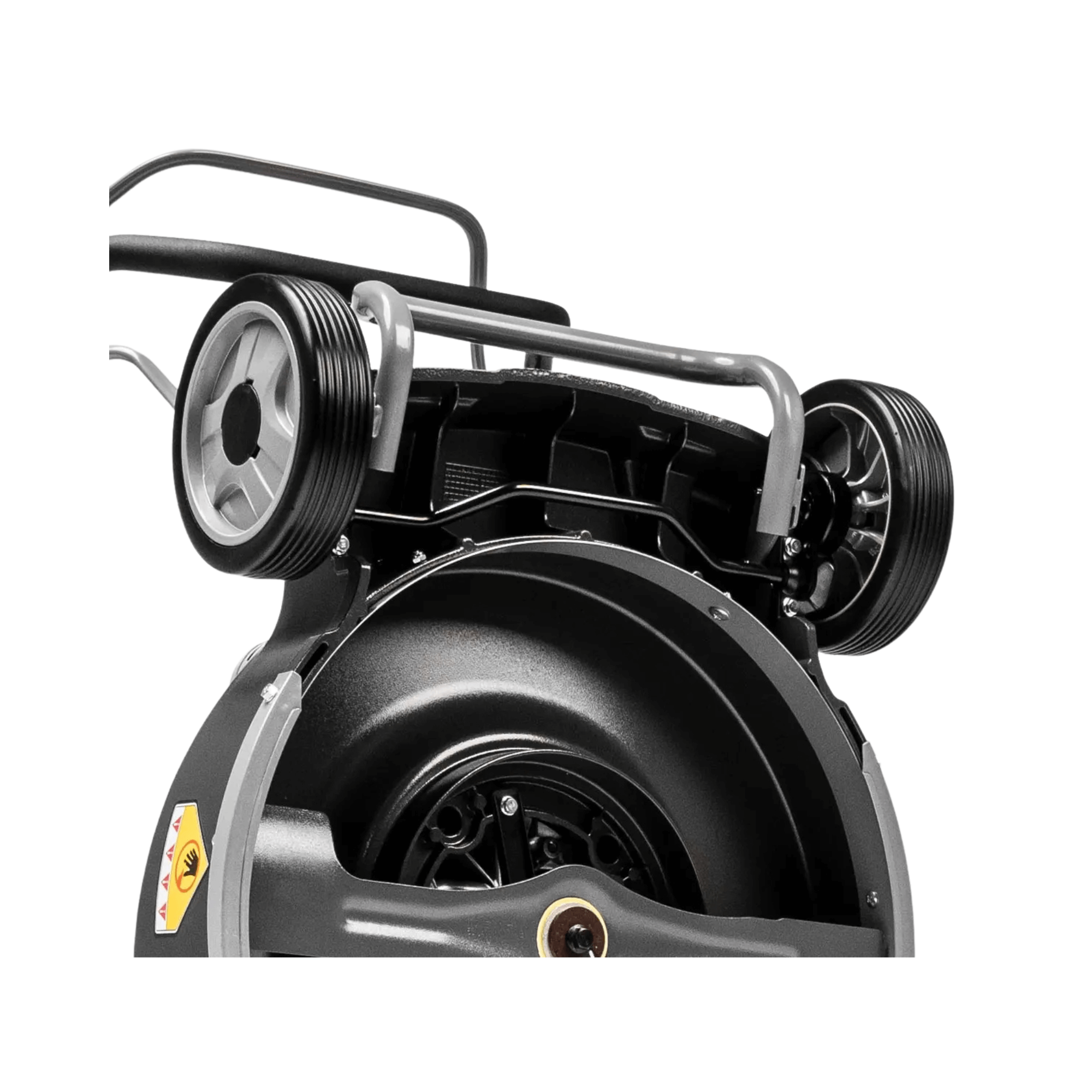 Rear view of Virtue 53 ASD LV Self Propelled Petrol Lawnmower showcasing its durable construction and wheels.