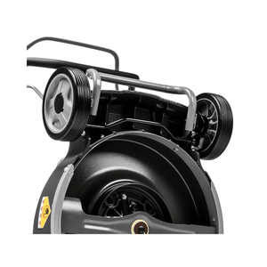 Rear view of Virtue 53 ASD LV Self Propelled Petrol Lawnmower showcasing its durable construction and wheels.