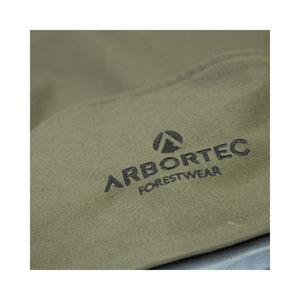 Close-up of Arbortec logo on BreatheDry Heavy Duty Smock for tree surgeons and arborists.
