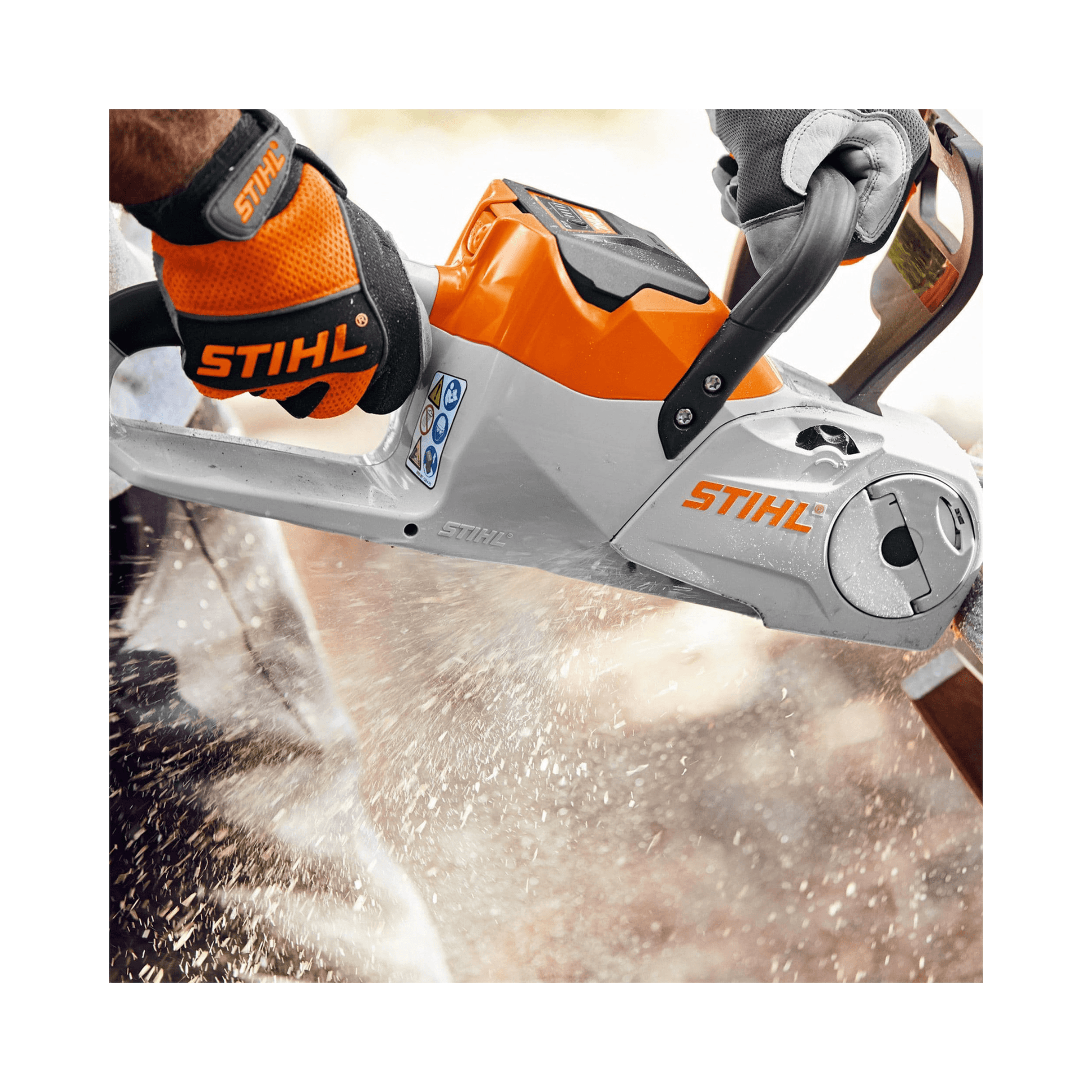 MSA 60 C-B Cordless Chainsaw 12" in action, perfect for tree surgeons, featuring STIHL technology.